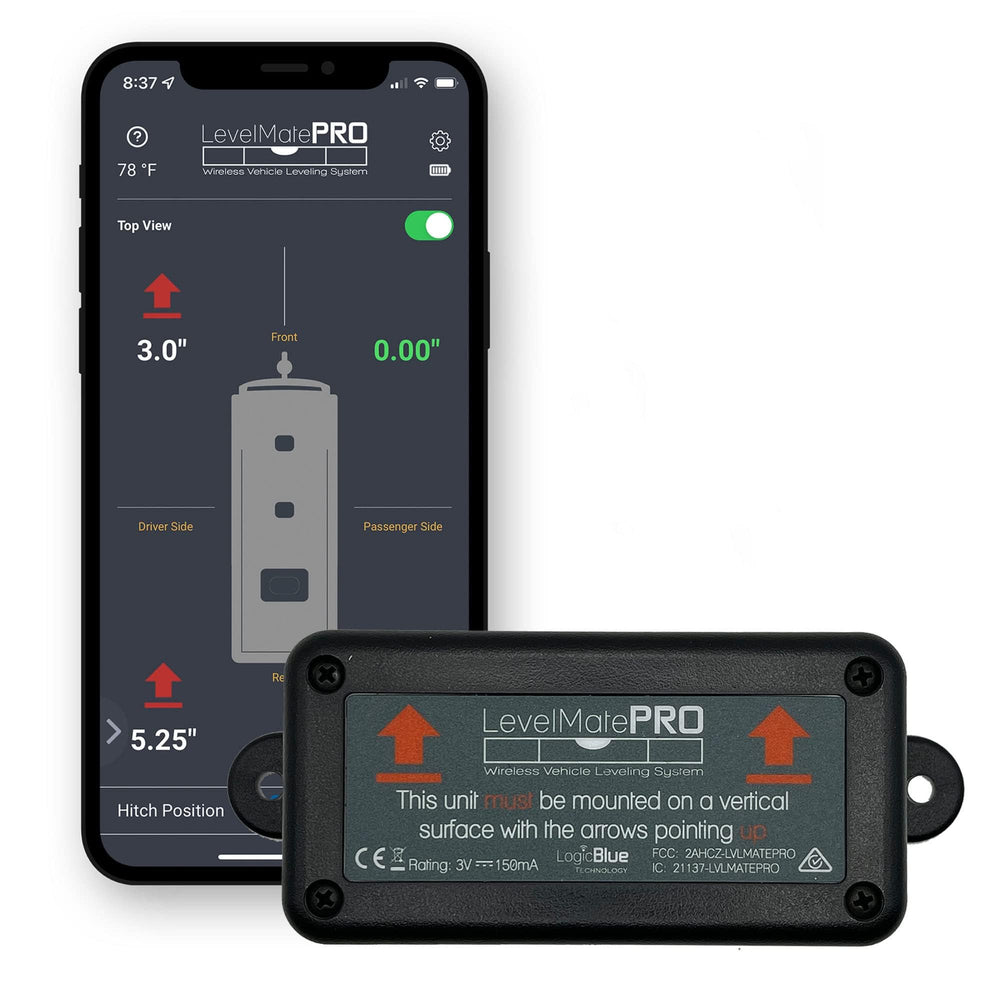 LogicBlue front view of LevelMatePRO showing compact sensor and mounting