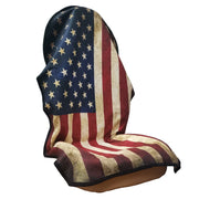 LoyaGour American Flag front seat cover packaging showing patriotic design and fit benefits
