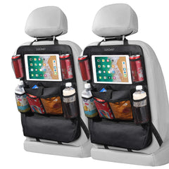 LUCMO front view of black seatback organizer showing nine pockets and neat storage benefit