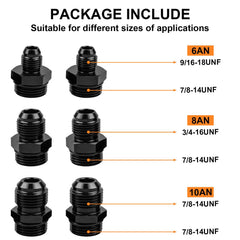 Luney AN adapters and six O-rings kit displayed for universal installation flexibility
