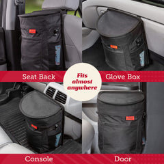 Lusso Gear flip-top lid closed hiding trash and reducing odors in vehicle