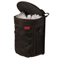 Lusso Gear front view showing black bin with red stitching, keeps car tidy