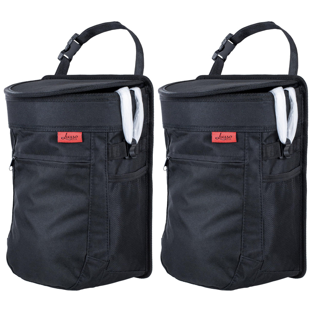 Lusso Gear front view hanging trash can showing compact tidy design and convenience