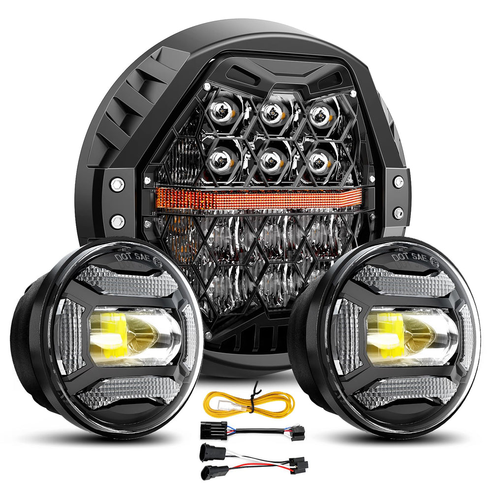 LX-LIGHT 7-inch headlight front view showing bright lens and DOT mark for legal use