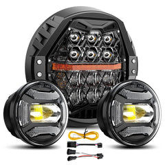 LX-LIGHT 7-inch headlight front view showing bright lens and DOT mark for legal use