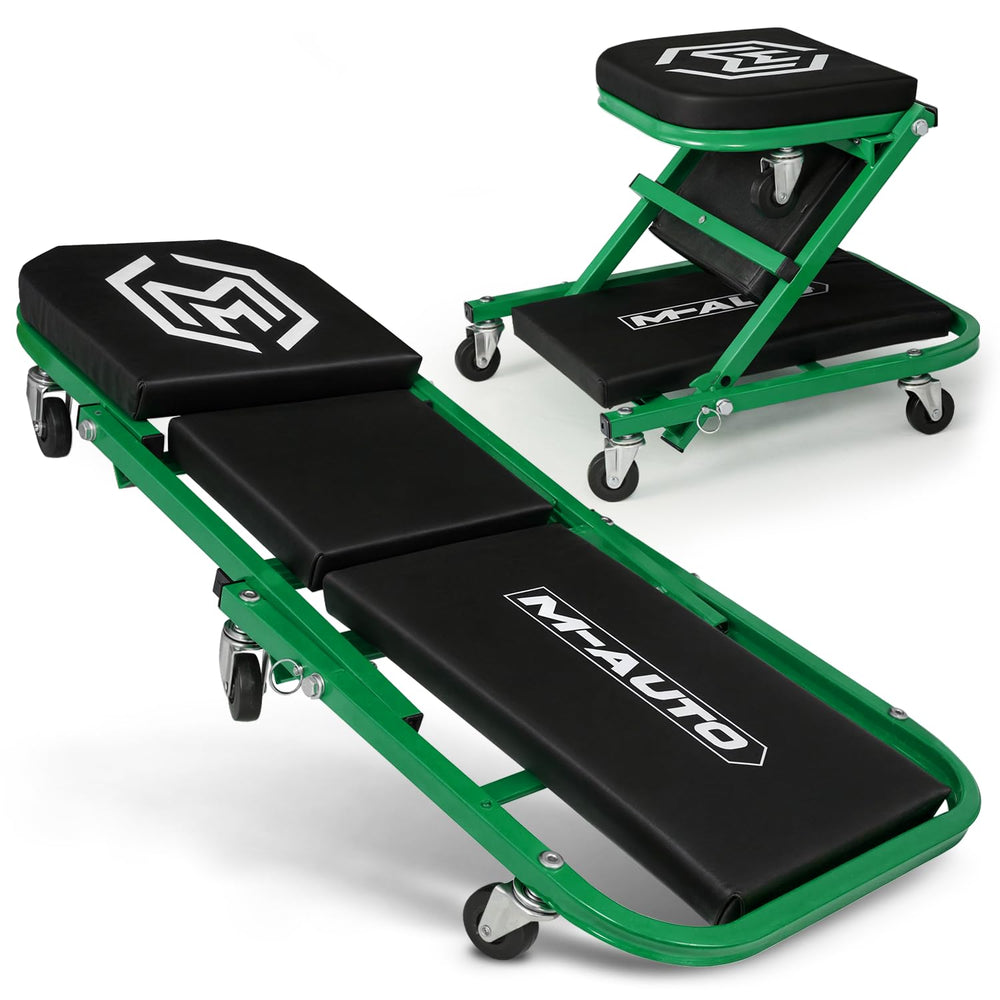 M-AUTO front view of folded creeper shows compact storage and quick conversion benefit