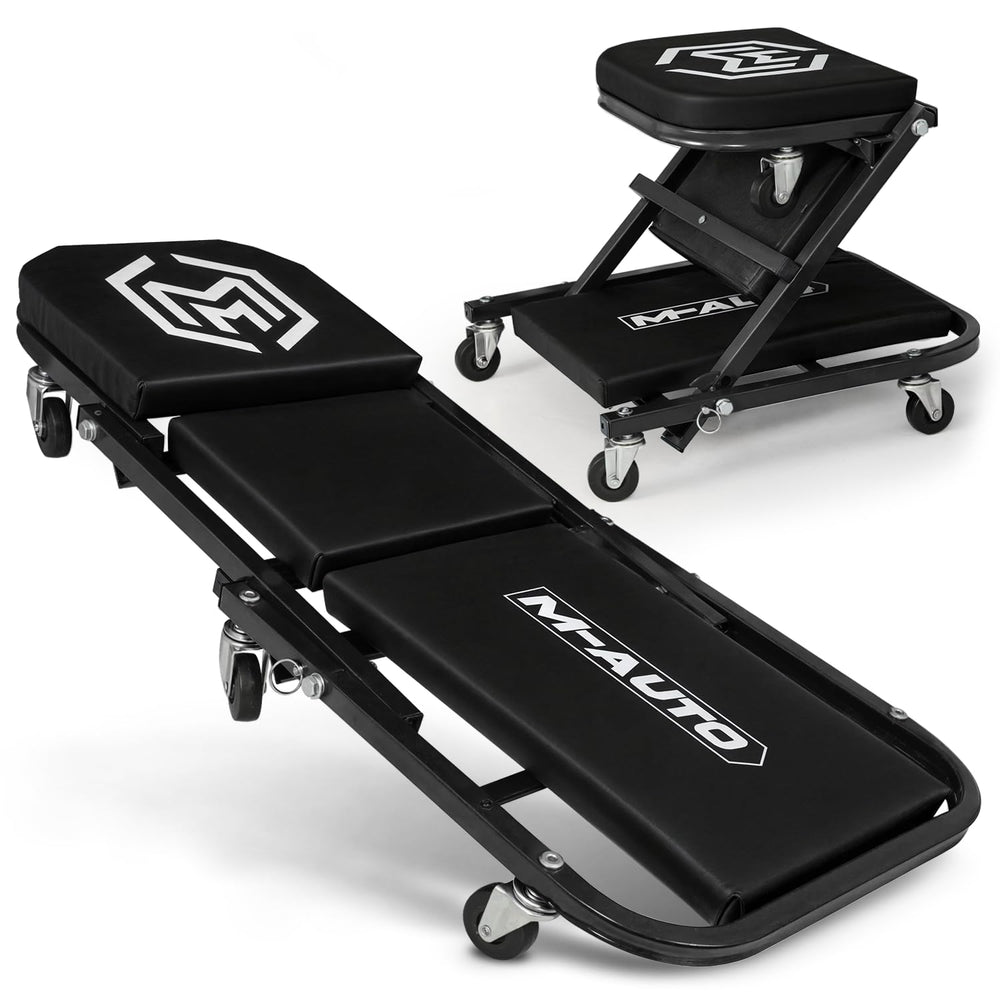 M-AUTO front view flat creeper showing compact profile and easy storage benefit