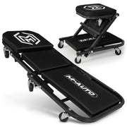 M-AUTO front view flat creeper showing compact profile and easy storage benefit