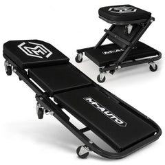 M-AUTO front view flat creeper showing compact profile and easy storage benefit