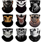 M-YOUNG front view of nine skull gaiters showing pattern variety and pack convenience