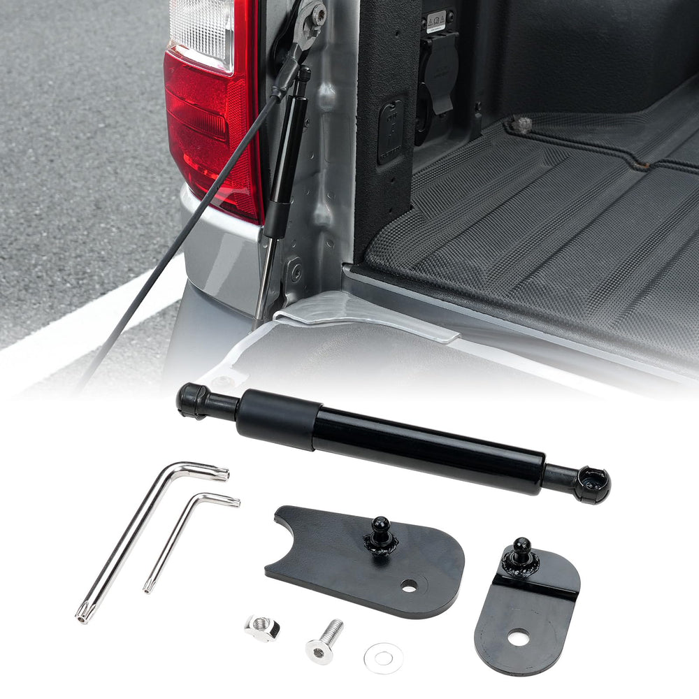 Mabett tailgate strut front view showing compact direct-fit design and durable construction