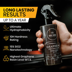 Magic Shield spray action on car panel for quick, no-tools application benefit