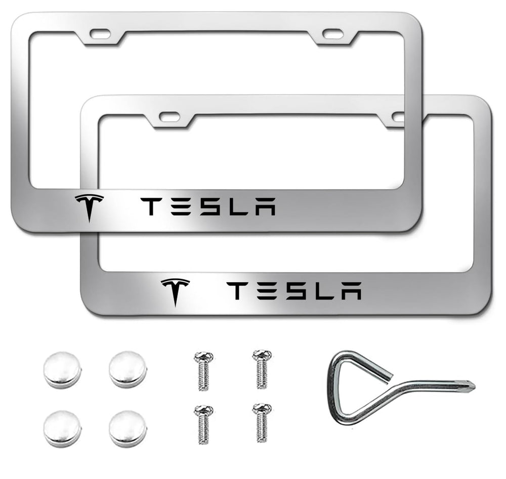 Maikebe stainless steel frame front view showing sleek silver finish and clean edges benefit: enhances Tesla appearance