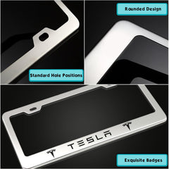 Maikebe frame installed on Tesla rear showing neat fit and unobstructed tags benefit: preserves registration visibility