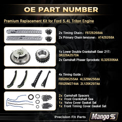 Mango S timing chains and sprockets laid out to show kit completeness and correct fit benefit