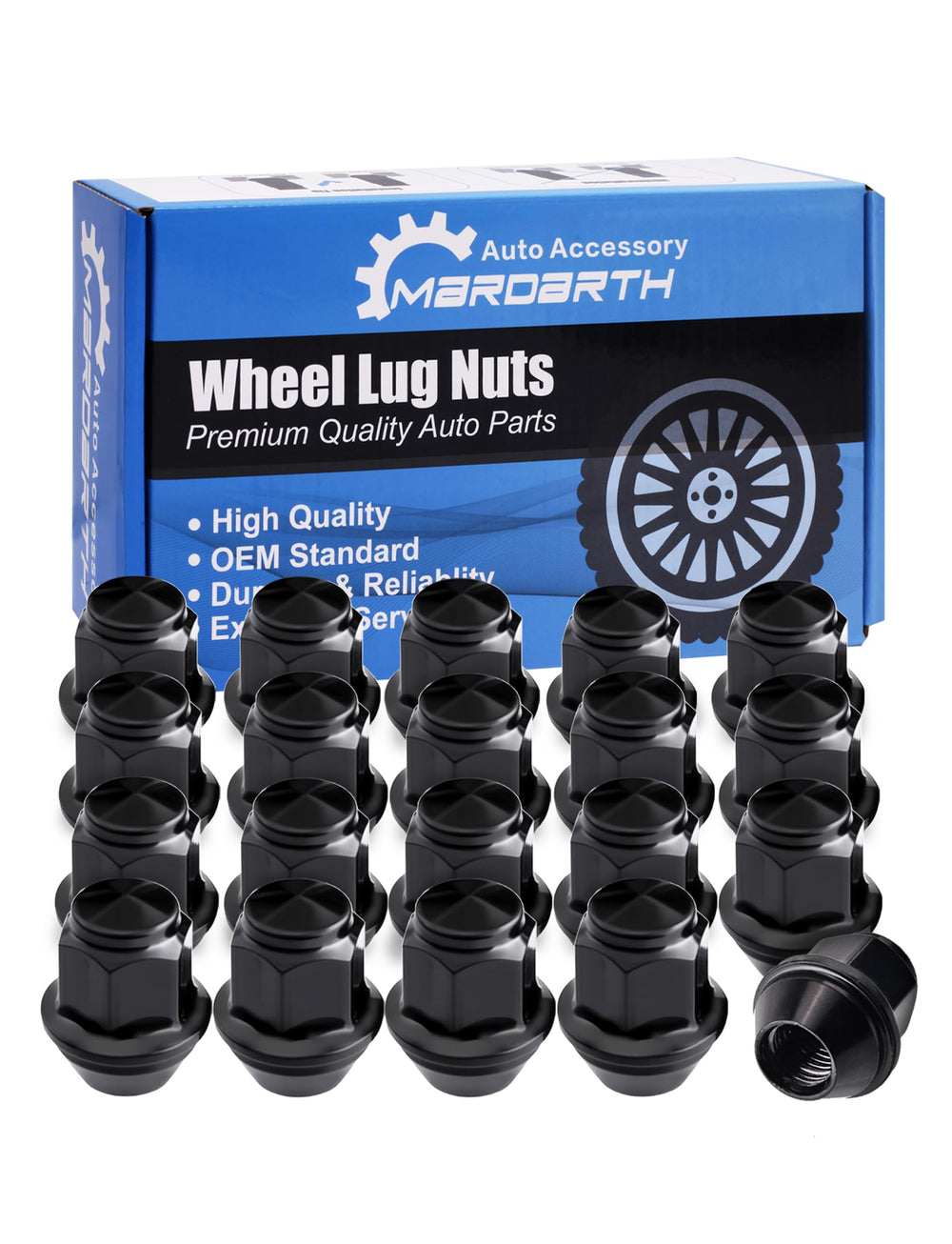 Mardarth front packaging showing full 20-piece lug nut set and benefits