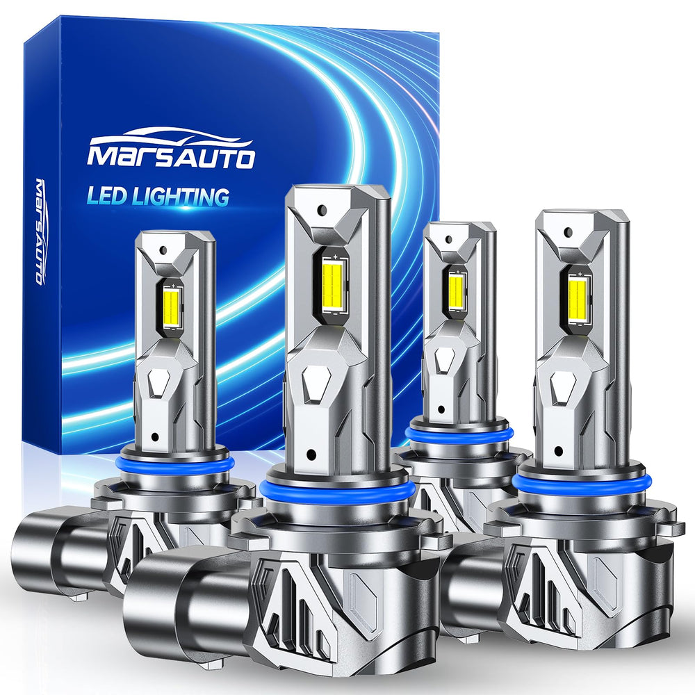 Marsauto front-facing pack of four bulbs showing product branding and compact design benefits