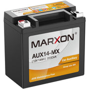 MARXON AUX14 front packaging showing compact battery and model label for easy identification