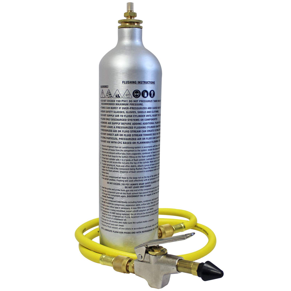 Mastercool 91046-A front view kit showing flush gun, 36-inch hose, and 33oz canister for fast cleaning