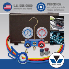 Mastercool gauge closeup showing 2.5-inch recalibratable face for accurate readings