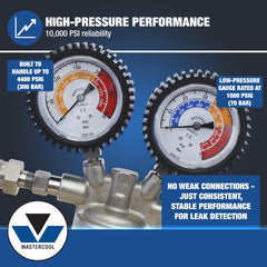 Mastercool R134a high-side coupler attached to vehicle high-side port for secure leak testing