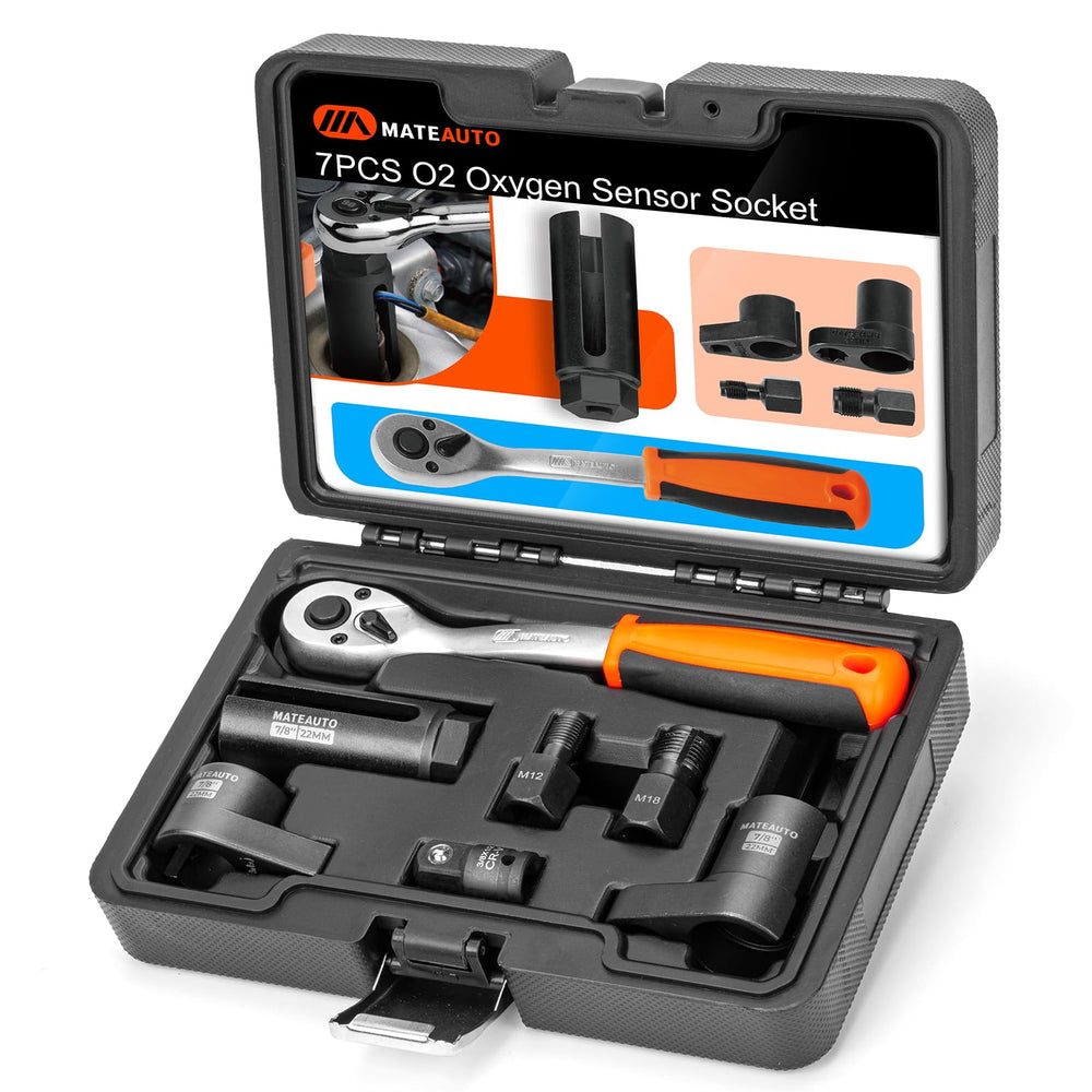 MateAuto front view of 7-piece O2 sensor socket kit showing components and durable case