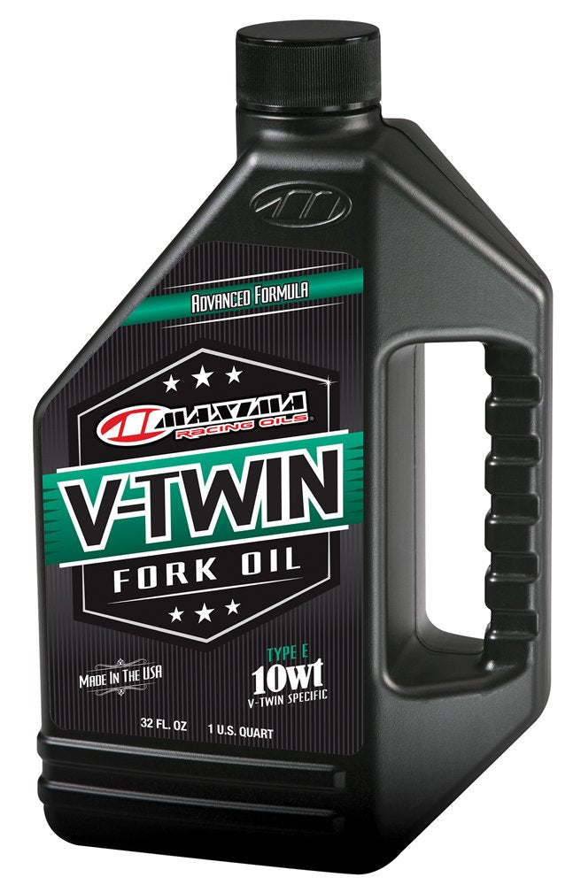 Maxima V-Twin Fork Oil 10wt front label showing product benefits and branding for correct selection