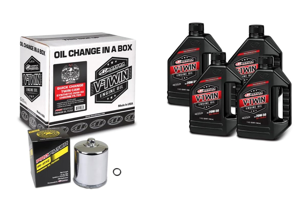 Maxima V-Twin kit front packaging with chrome filter showing ready-for-service benefit