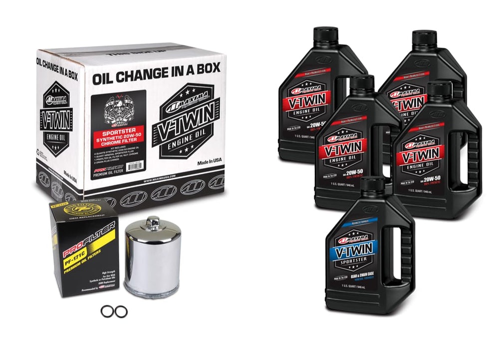 Maxima V-Twin oil kit front packaging showing chrome filter and oils, simplifies Sportster service