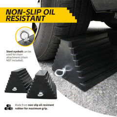 MaxxHaul chock placed at trailer wheel demonstrating reliable stabilization