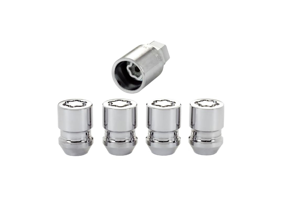 McGard 24154 front view of four chrome cone-seat locks with key showing secure appearance