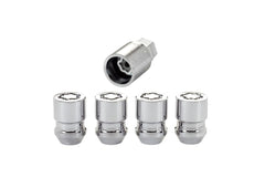 McGard 24154 front view of four chrome cone-seat locks with key showing secure appearance