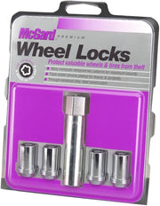 McGard 25257 front view showing four chrome tuner wheel locks and key for secure protection