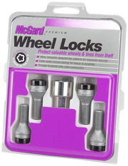 McGard front view of 27326 wheel lock set showing bolts and key, secure protection
