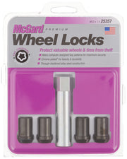 McGard front view showing four black tuner wheel locks and key for theft protection