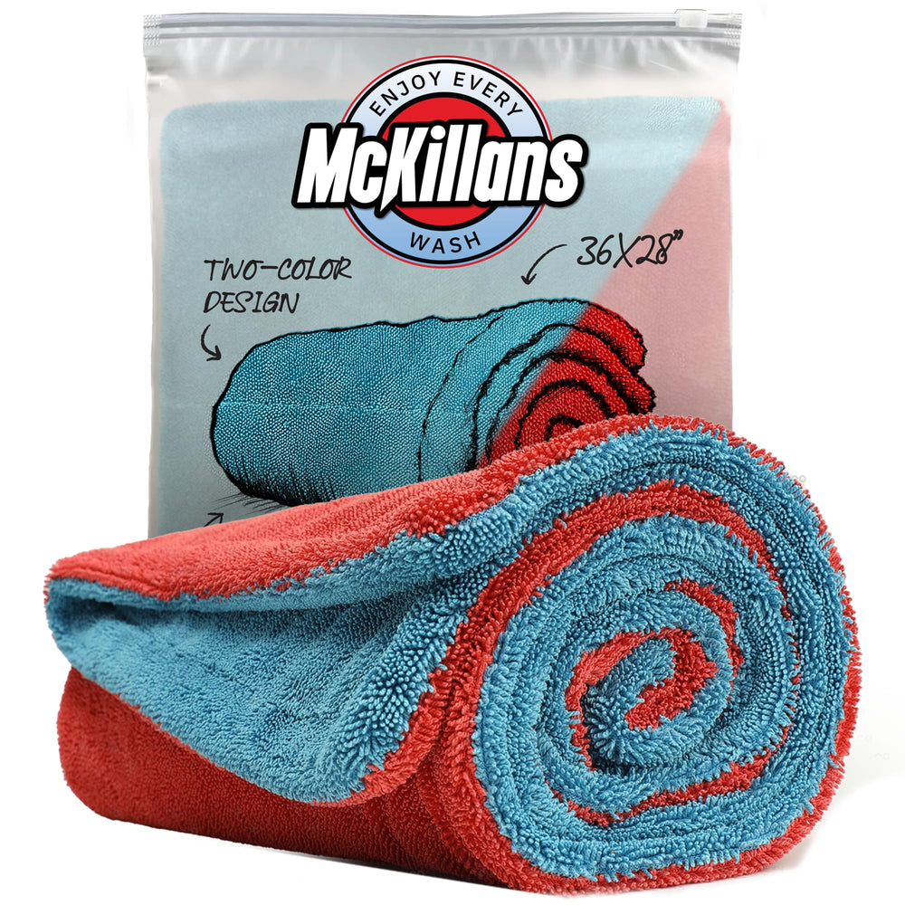 McKillans front view of XL drying towel showing size and dual-color for fast drying