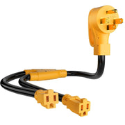MECMO front view of 14-50P to two 5-15R adapter showing dual outlets and plug benefit