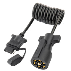 MECMO front view of 7-way to 4-way adapter showing plug and socket for easy towing