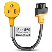 MECMO front view of NEMA 6-50 adapter showing secure Tesla Gen 2 connection and quick charging benefit