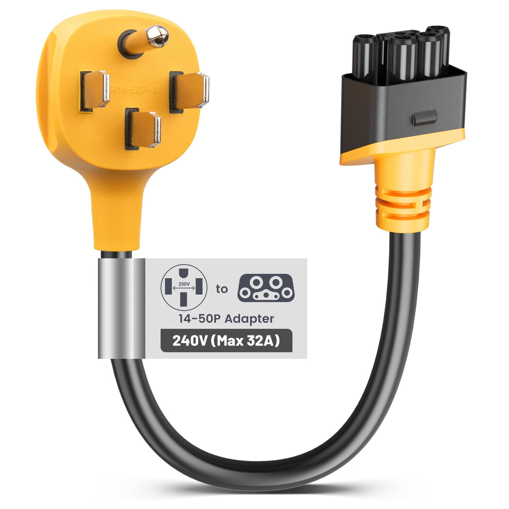 MECMO front view of NEMA 14-50 adapter showing durable plug and ergonomic grip, provides reliable charging
