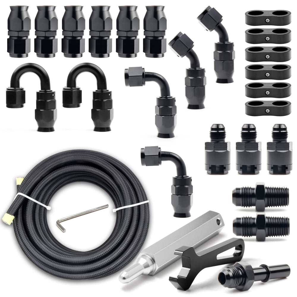 Medoon front packaging showing full 6AN PTFE fuel kit and included accessories for easy install