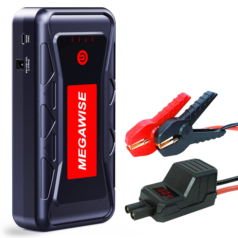 MEGAWISE front view of jump starter showing controls and rugged case for reliable starts