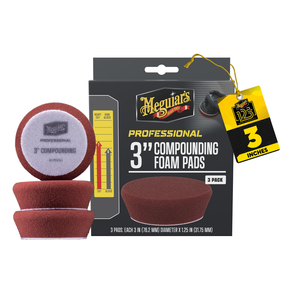 Meguiar's front view of three 3 inch compounding pads showing compact design and precision
