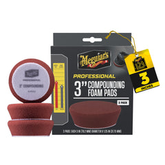 Meguiar's front view of three 3 inch compounding pads showing compact design and precision