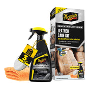 Meguiar's front packaging showing complete leather care kit benefit clean finish