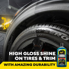 Meguiar's being applied to a tire sidewall for deep black wet-look benefit