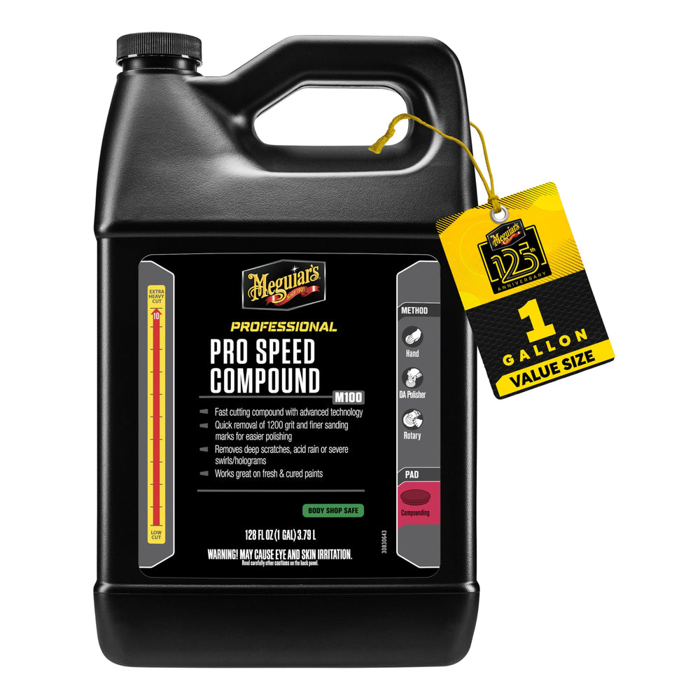 Meguiar's M100 front gallon bottle showing professional packaging and quick identification benefit