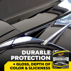 Meguiar's microfiber towel folded beside wax showing safe buffing benefit