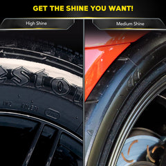 Meguiar's tire wet gloss after application highlighting deep black shine