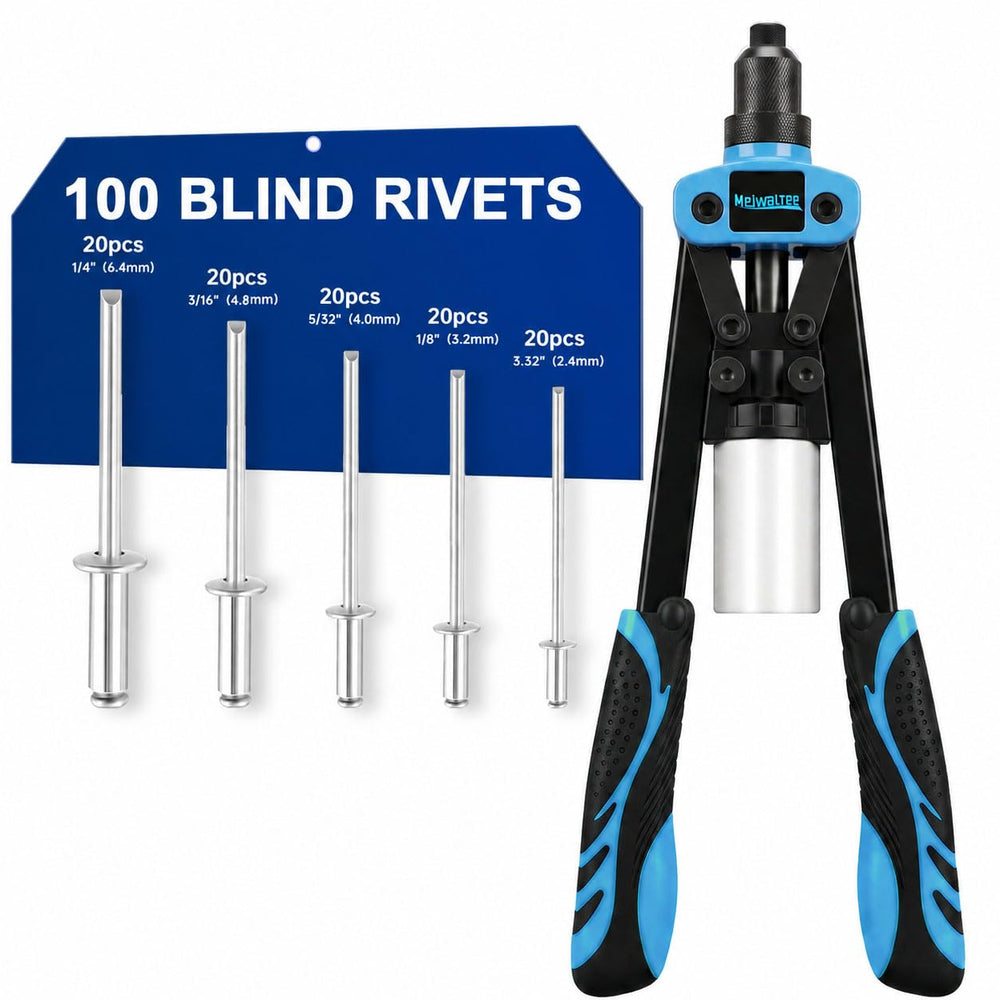 Meiwaltee front view of rivet gun showing kit packaging and benefits